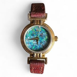 Vintage Pierre Cardin Gold-Tone Watch with Iridescent Blue Opal Mosaic Dial